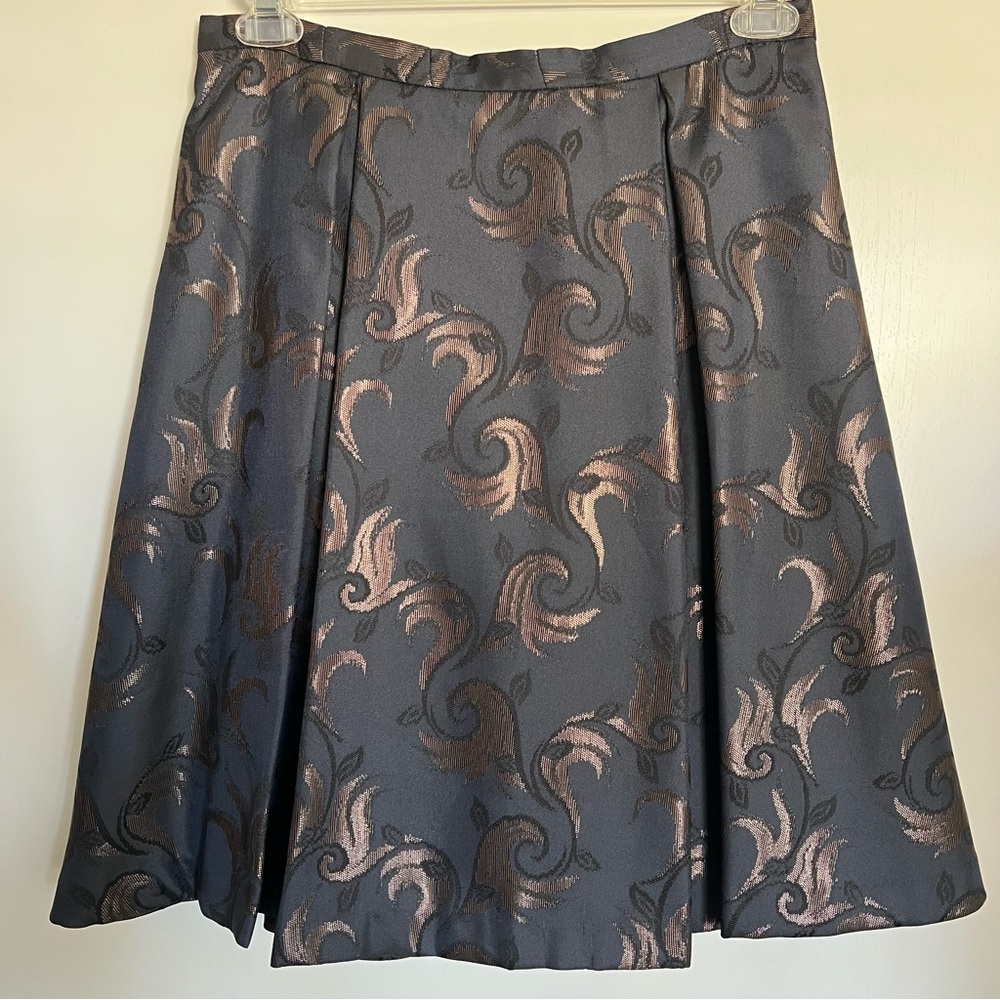 Navy Blue And Bronze Brocade Jacquard Pleated A-Line Full Skirt Size 8